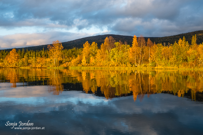 Herbstliche Landschaft, Spiegelung, Kvikkjokk Delta, Fluss Tarraätno, Sarek Nationalpark, Norrbotten, Norrbottens län, Laponia, Lappland, Schweden